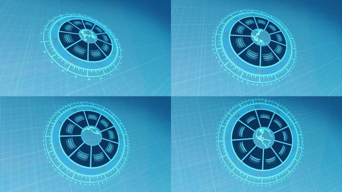 浅蓝色平视显示器与地球在暗对比4k渲染视频镜头上的界面。