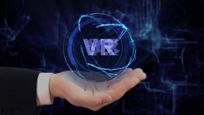 手绘在他的手上显示概念全息图VR