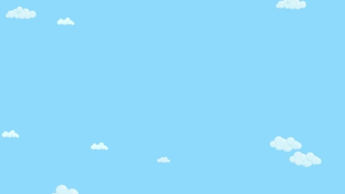 布满云彩的蓝天从左到右移动。卡通天空背景。平面动画。