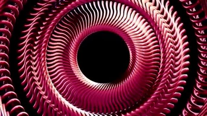 流体移动旋转红色金属链眼圈无缝循环动画3d运动图形背景新质量工业技术建筑未来酷快乐视频片段