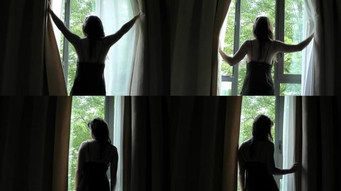 穿着性感内衣的女人在酒店房间里露出窗帘