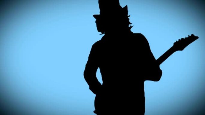 帽子里的酷摇滚吉他手在蓝色背景上演奏电吉他