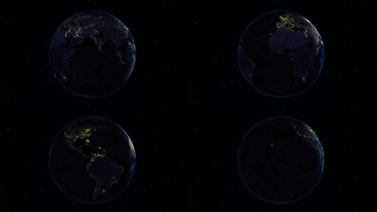 现实地球在空间旋转 (循环)。在地球上，可以看到白天和黑夜的变化