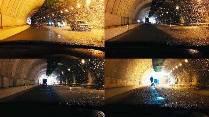 汽车司机在下雨的时候跑进了隧道。