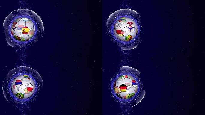 足球和世界旗帜在蓝色抽象粒子环，动画，背景，循环