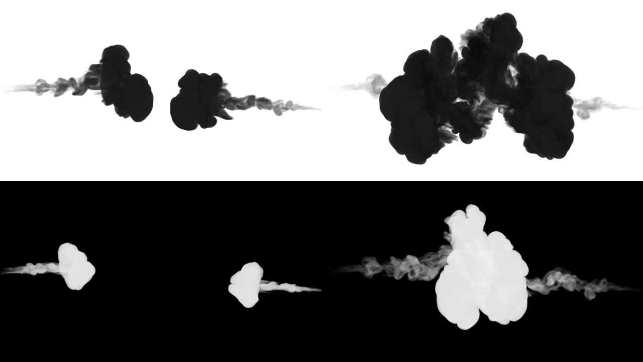 墨水溶解在白色背景的水中，亮度哑光。计算机模拟的3d渲染。黑色墨水注入水中。两条流1