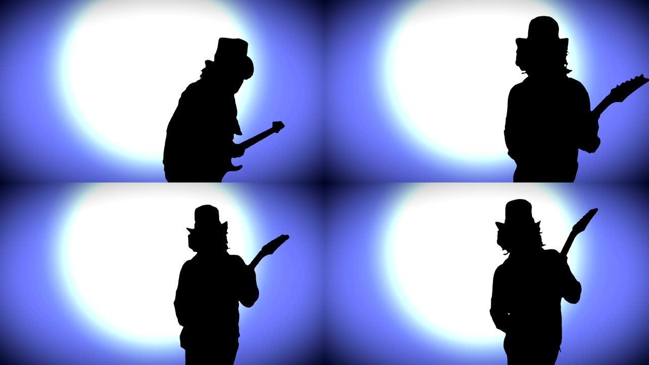 帽子里的酷摇滚吉他手在蓝色背景上用发光的圆圈弹奏电吉他