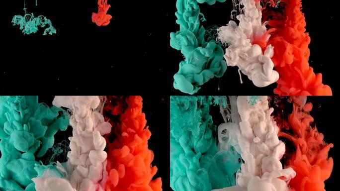 用高速相机在水中拍摄绿色，白色和红色墨水。油漆掉落，反应，形成抽象的云层和变态。艺术背景。意大利国旗