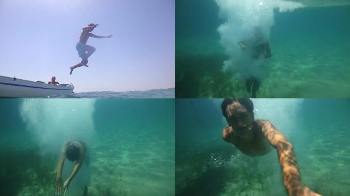 年轻人从船上跳下来。水下相机。夏天的乐趣