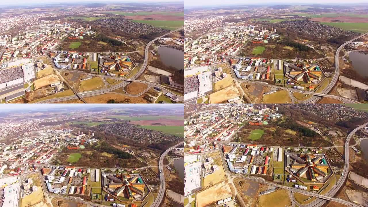 从直升机到欧洲捷克共和国比尔森市Borska pole的工业区和技术园区的鸟瞰图。