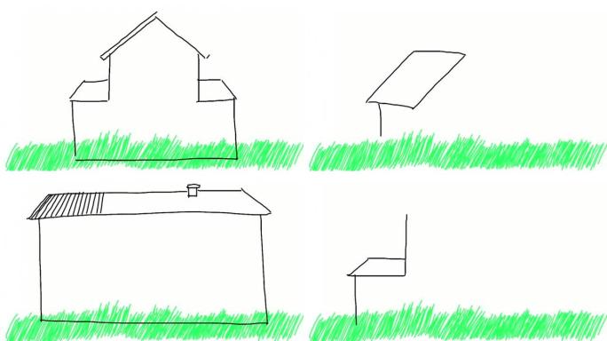 白色背景上的数字手绘房屋的循环动画。房地产的概念。涂鸦动画素描。