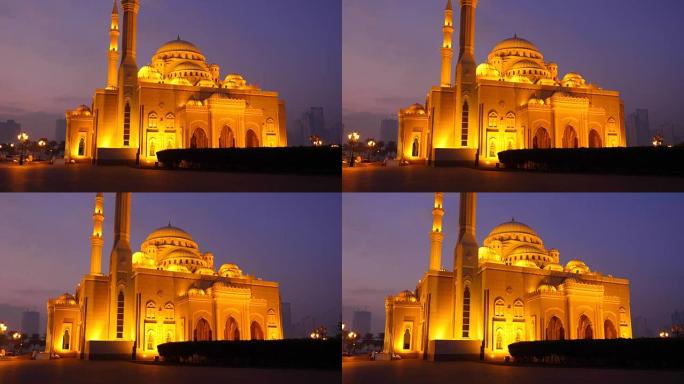 慢动作: 追踪阿尔诺尔清真寺。夜景照亮了清真寺的建筑。