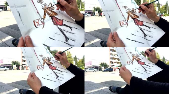 成年女性时装设计师在城市街道上绘制草图