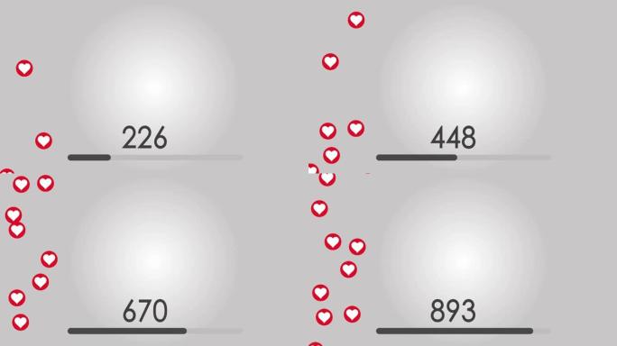 1,000喜欢在社交网络页面上被重击的心所计数的特写镜头。平面版。，视频动画