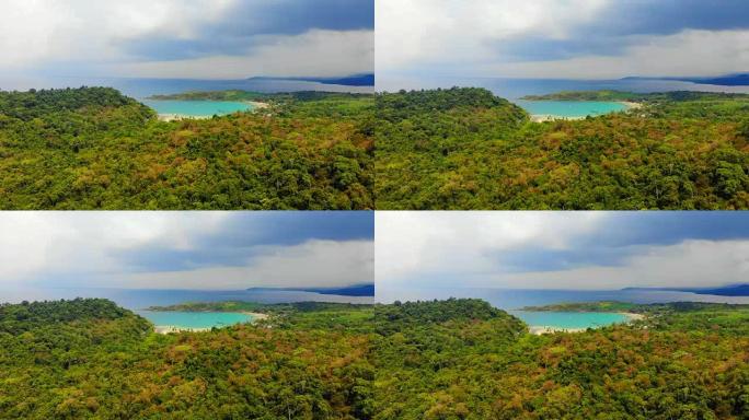 鸟瞰图美丽的热带海滩和岛屿上的椰树海