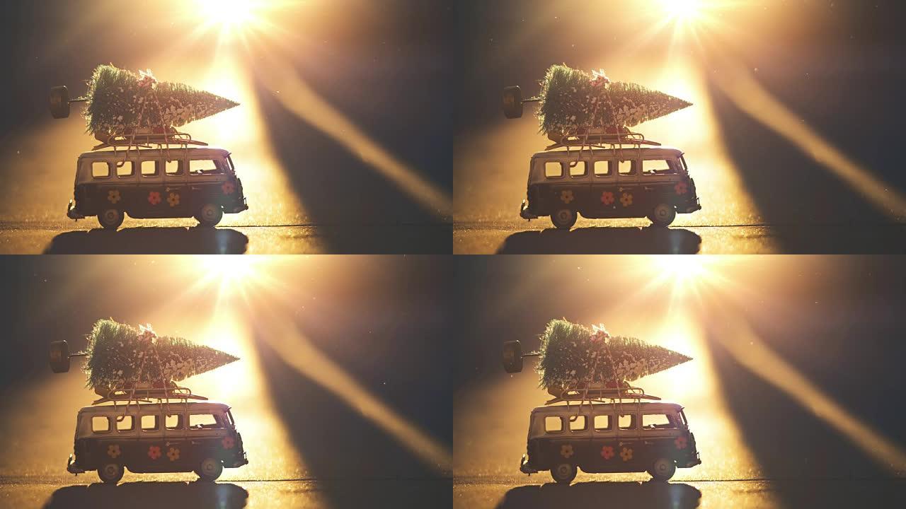 迷你货车4k顶部的背景圣诞树