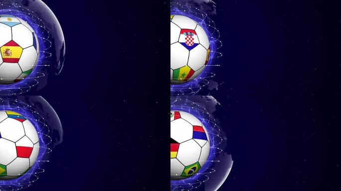 足球和世界旗帜在蓝色抽象粒子环，动画，背景，循环
