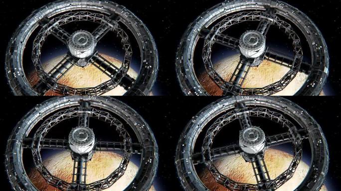 冥王星背景上的圆形空间站