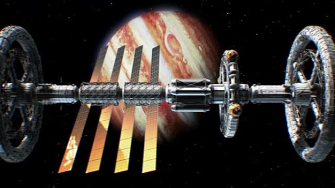 木星背景上的科幻星际飞船