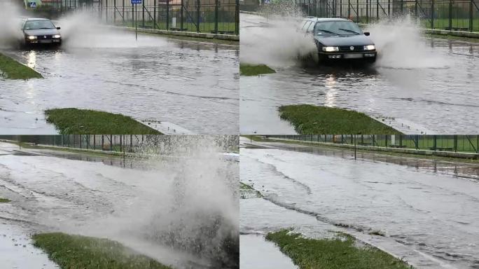 汽车穿越淹没的城市街道