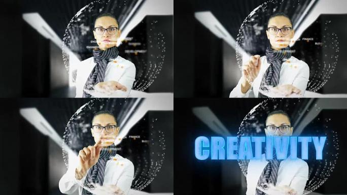 创造力。女人在黑暗背景上触摸视觉屏幕。未来4k镜头的概念