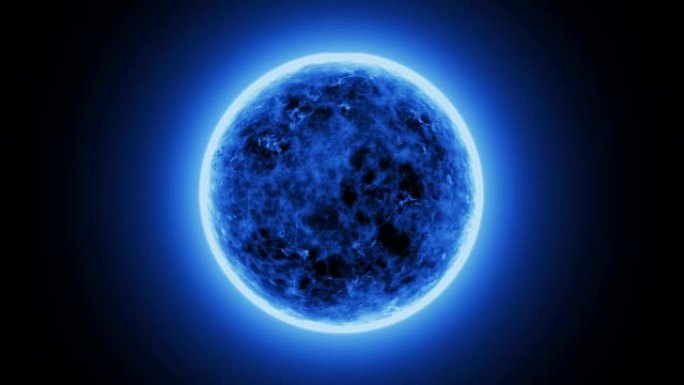 4k逼真的蓝色太阳表面或带有太阳耀斑的蓝色能量球体，太阳的燃烧隔离在黑色上，并为您的文字或徽标留出空