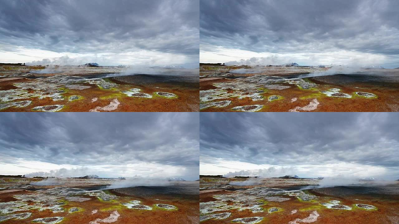 冰岛间歇泉的喷发。红色土壤，就像火星的表面