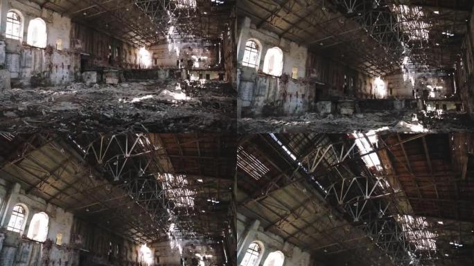 工业仓库内被毁和废弃的黑暗令人毛骨悚然的工厂建筑