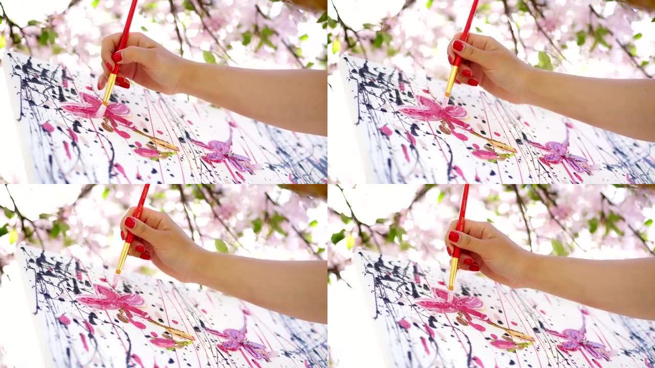 特写，女手，画家，艺术家在盛开的春天苹果园里画了一幅花，她用画笔将油画颜料涂在画布上，创作过程