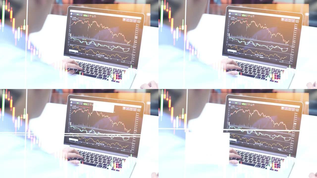 WS视频4k: 显示业务统计数据的财务图表的双重曝光。