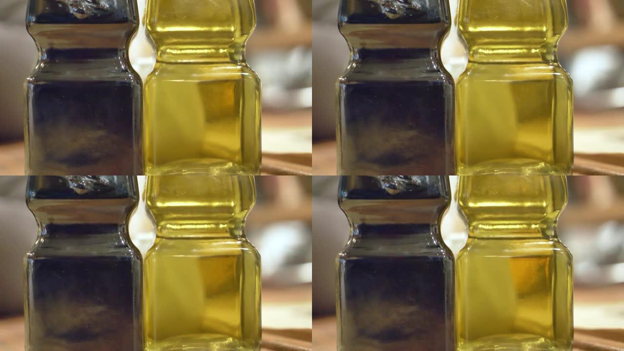 油和醋玻璃服务瓶特写视图
