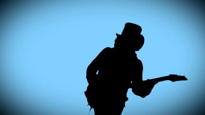 帽子里的酷摇滚吉他手在蓝色背景上演奏电吉他