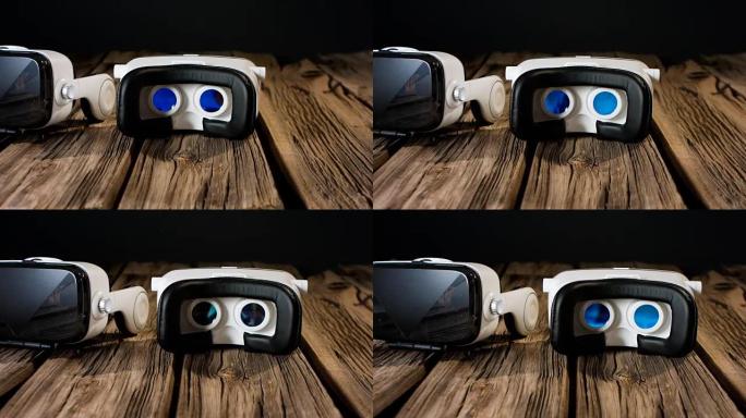 移动虚拟现实耳机，乡村木质背景
