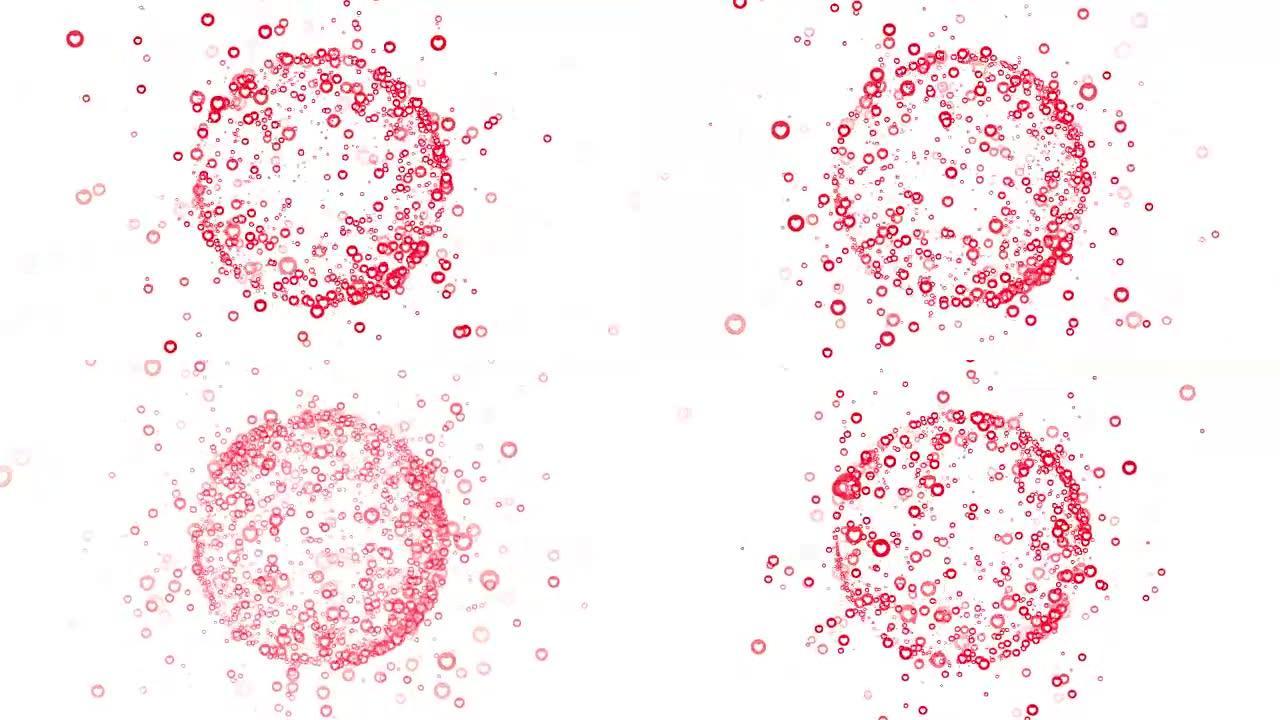 无缝循环，运动背景，一组白色红色粉色通用脸书风格的爱情情感图标飞翔。孤立在白色背景上。