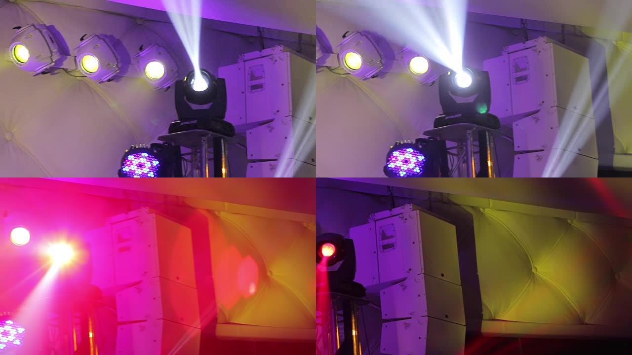 音乐会上的舞台灯带雾，控制台上的舞台灯，为音乐会舞台照明
