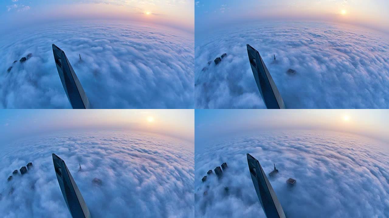 4K: 中国平流层云上的上海摩天大楼