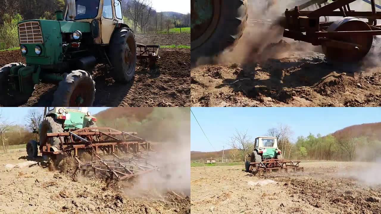 农民耕田，特写。旧生锈的拖拉机准备播种土地-库存视频