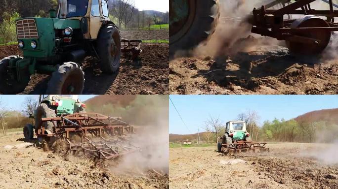 农民耕田，特写。旧生锈的拖拉机准备播种土地-库存视频