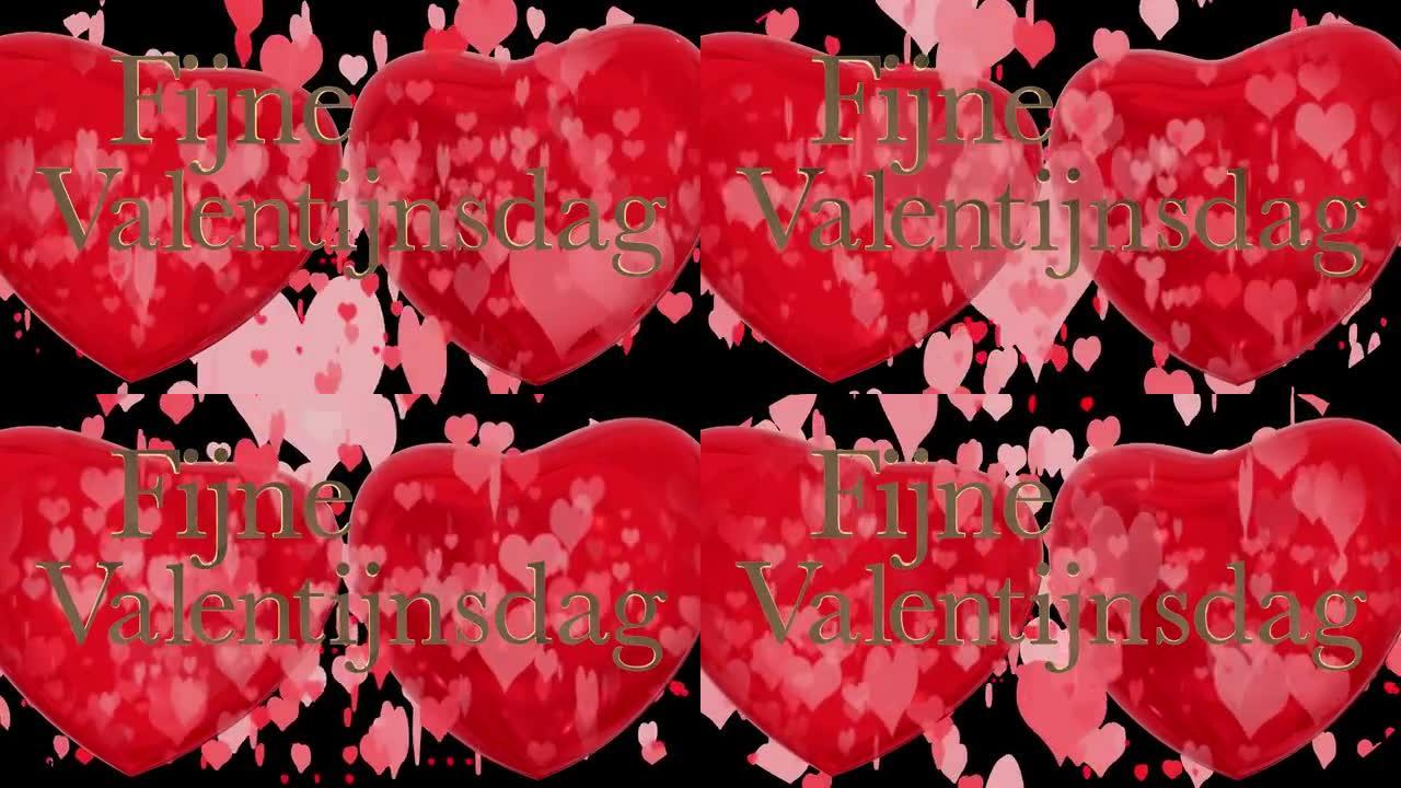 荷兰情人节快乐短语，Fijne Valentijnsdag带有两个跳动的3D红心和移动的心形粒子，在