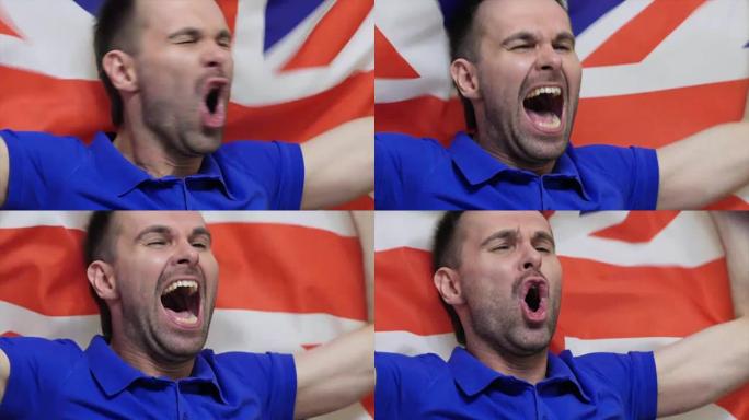 英国球迷在慢动作中举着英国国旗庆祝，4k，高品质