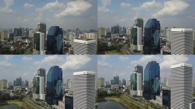 泰国，曼谷-2018年4月1日: 本贾基蒂公园，阿索克，商业区。空中全景城市景观4K