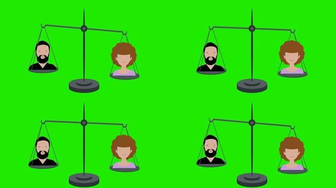 男性和女性绿色屏幕的体重秤上的重量相等