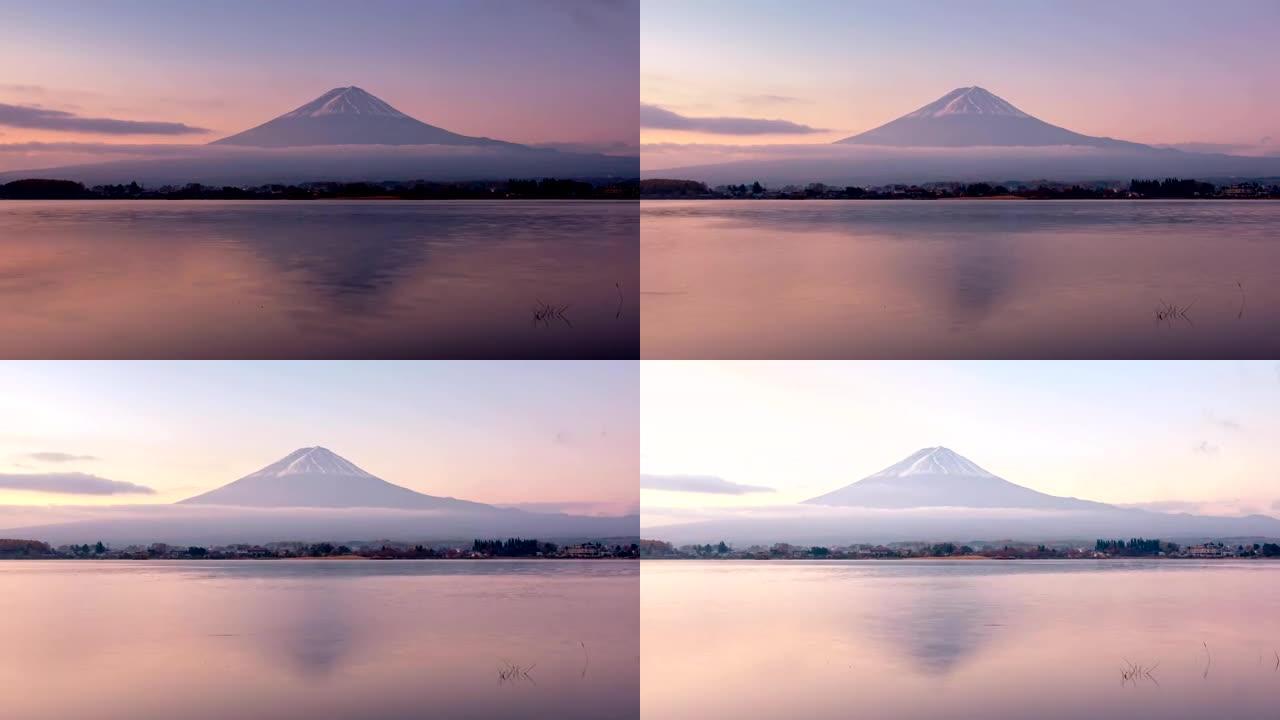川口湖日出山富士反射的延时平移