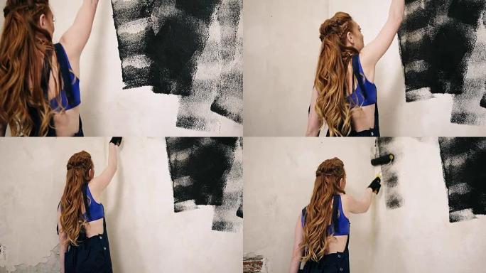 长发美女用滚筒和黑色油漆装饰房间。后视图