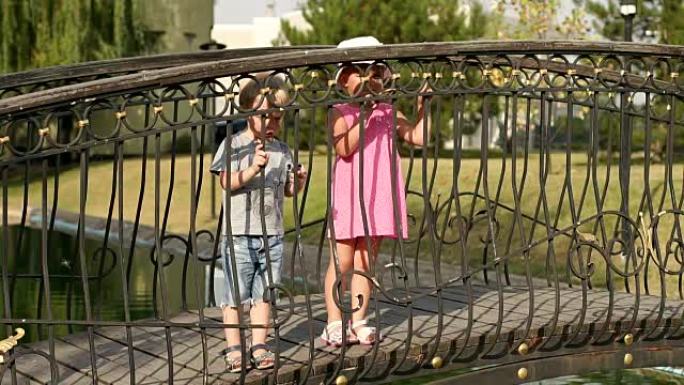 夏天，两个孩子在公园的一座桥上玩耍