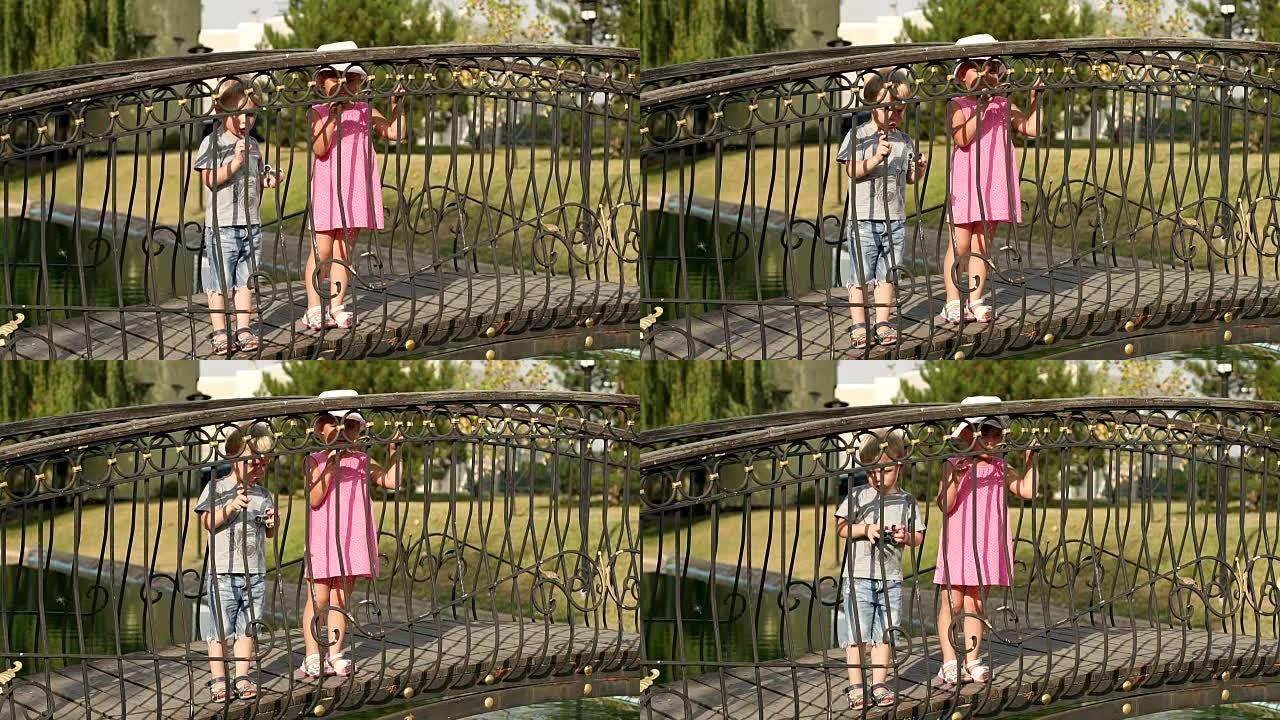夏天，两个孩子在公园的一座桥上玩耍