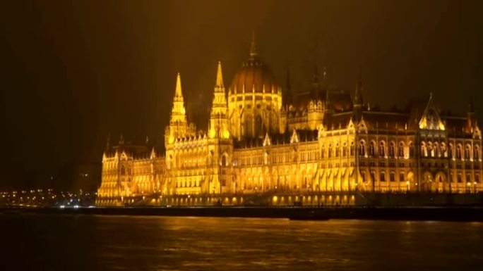 从河流到布达佩斯议会的夜景