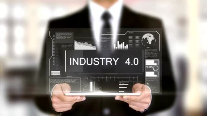 工业4.0，具有全息图概念的商人