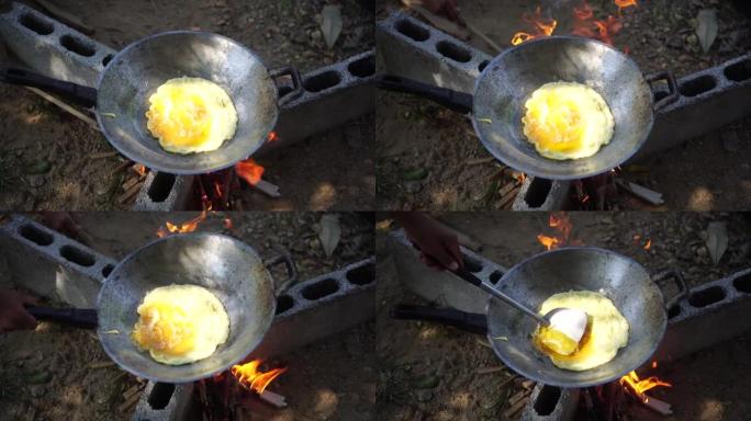 烹饪场景: 煎蛋煎蛋，用椰子油在煎锅中烹饪，4K