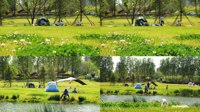 游客在露营地搭帐篷度假享受大自然